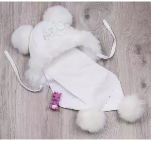 Шапка зимняя с шарфиком для девочки молочная